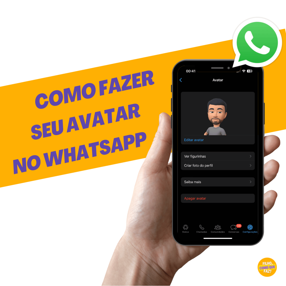 Mão segurando um celular com a tela mostrando un avatar feito no WhatsApp. Pode-se ler o texto Como Fazer Seu Avatar no WhatsApp.