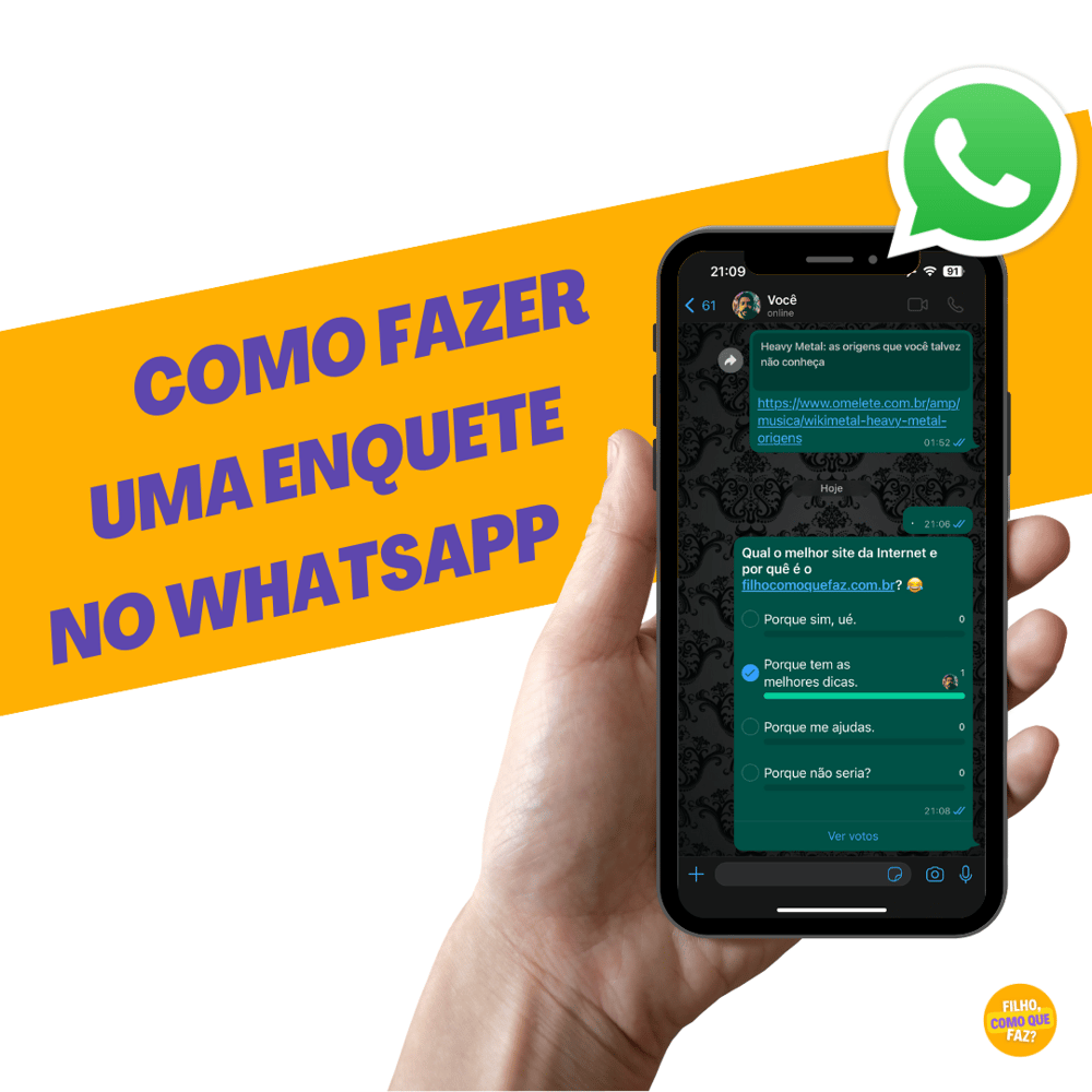 Imagem destacada da publicação Como fazer uma enquete no WhatsApp. Mostra a tela de um celular iPhone com uma enquete no chat do WhatsApp.