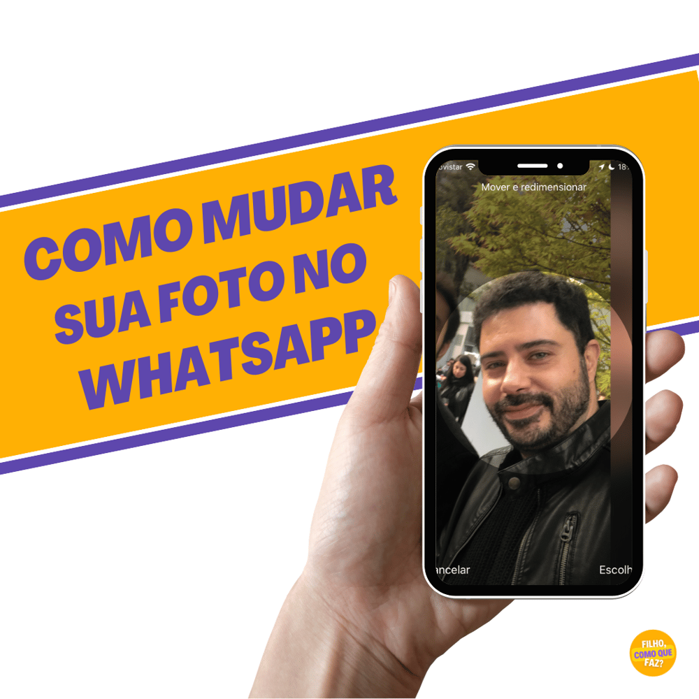 Mão segurando um iPhone na tela de trocar a foto do aplicativo WhatsApp. Blog Filho, Como Que Faz? Guilherme Guedes, 2022